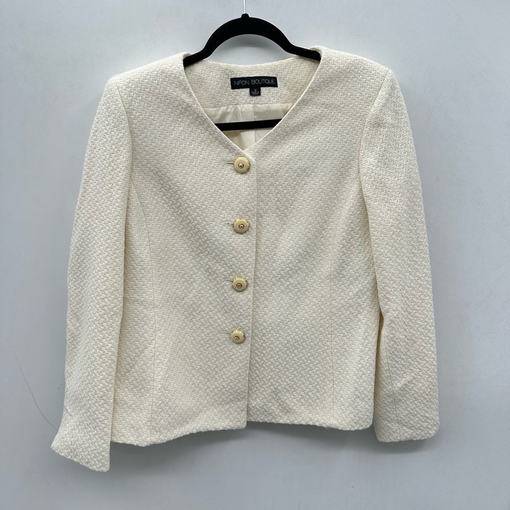 Nipon Boutique Cream tweed classic sophisticated structured woman blazer 12
